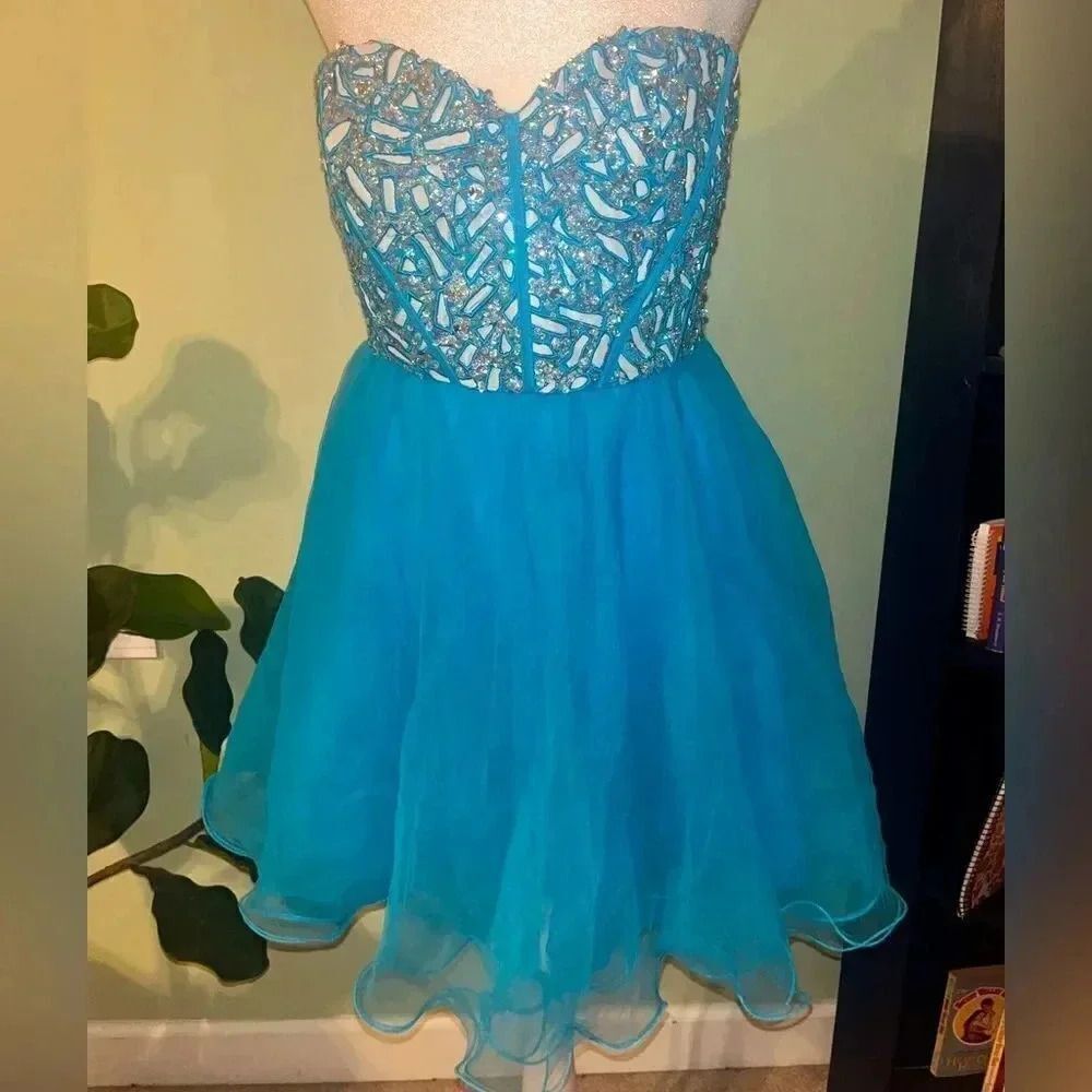 NWT Narianna Corset Back Blue Strapless Tulle Babydoll Dress